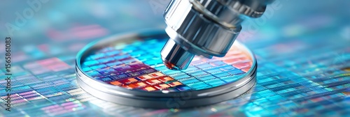 close-up of semiconductor wafer under precision microscope, clean laboratory, futuristic blue tone, high detail reflections, sterile high-tech scene,