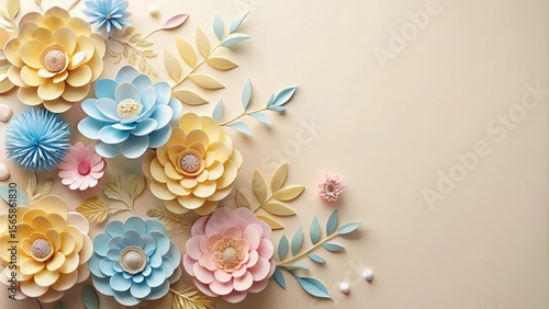 Pastel Paper Flowers and Leaves Arrangement on Beige Background