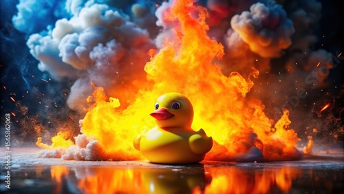 Wallpaper Mural A resilient rubber ducky bravely stands amidst a fiery explosion, smoke and sparks surrounding it. Torontodigital.ca