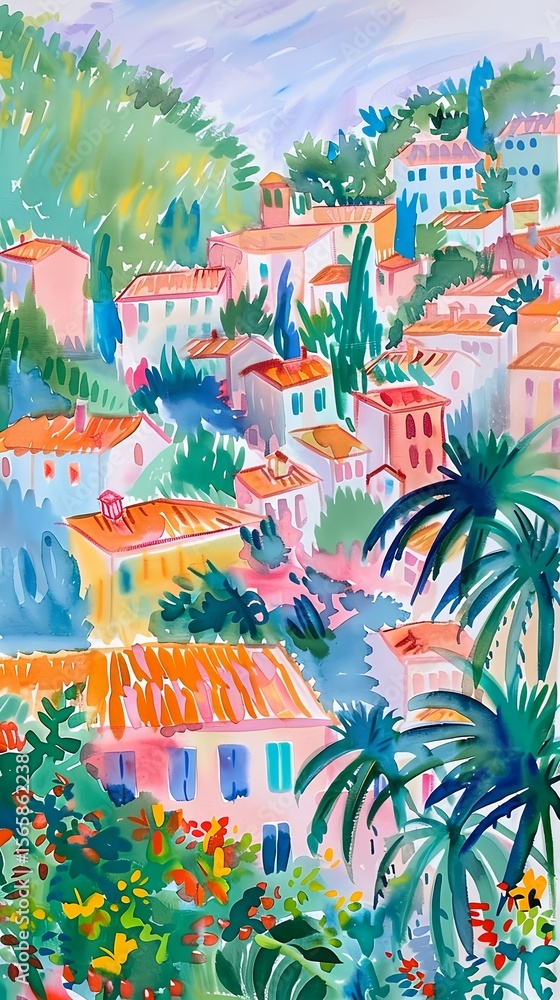 Obraz premium Watercolor Mediterranean hillside village for phone wallpaper