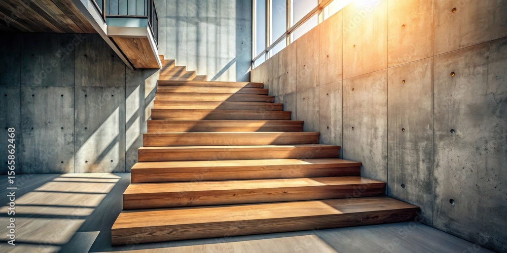 Fototapeta premium Modern wooden staircase in minimalist concrete building interior