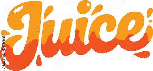 Illustration of the word juice in a stylized orange font with a cream colored background and small drops