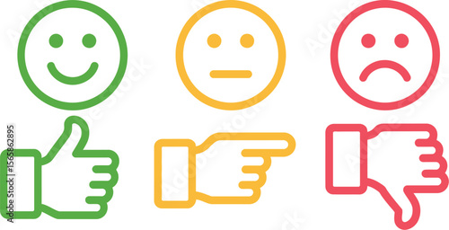 Three feedback icons showing positive neutral and negative with thumbs up point and thumbs down gestures