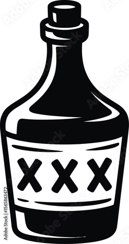 A black and white drawing of a bottle with xxx on it against a plain light grey background simple art