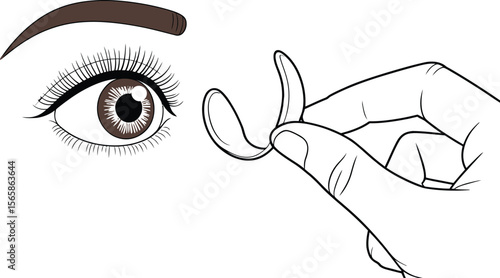 Illustration of a person inserting a contact lens into their eye with a purple background design
