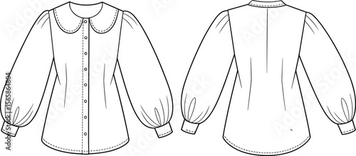 Front and back fashion flat sketch of long sleeve blouse, puff sleeve shirt, peter pan collar, vector illustration, technical drawing, cad