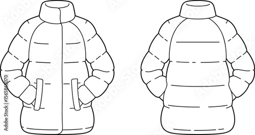Front and back technical flat sketch of puffer winter jacket with pockets, raglan sleeve, stand collar, horizontal quilting, zipper closure
