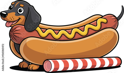 A cartoon dachshund dog dressed as a hotdog with mustard and a red and white striped roller skate
