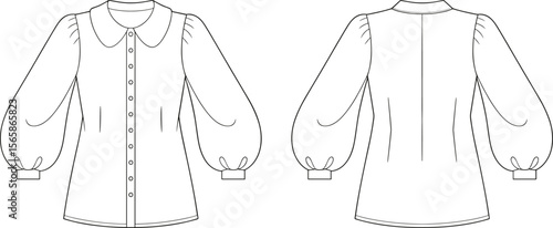 Front and back view of long sleeve blouse with puff sleeves, round collar, cuffed design, button closure, fashion cad vector illustration