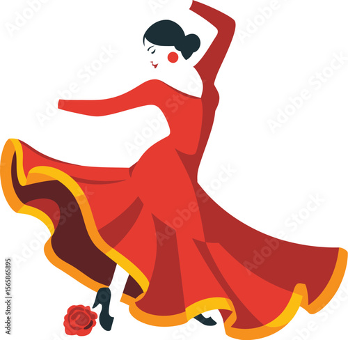 Illustration of a woman in a red dress dancing flamenco with a rose on the floor on a white background