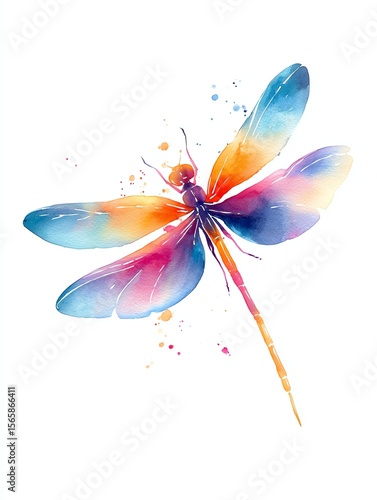 soft watercolor insect illustration, dragonfly in mid-flight, minimal ink contour, colorful blend of blue, purple, orange,