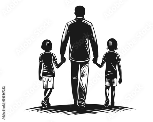 A striking black silhouette capturing a father tenderly holding and interacting with his two young children symbolizing family connection and cherished moments together