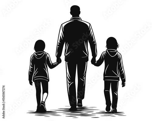 A striking black silhouette captures a loving father holding his two young children symbolizing family bonds and cherished moments together in a heartwarming scene