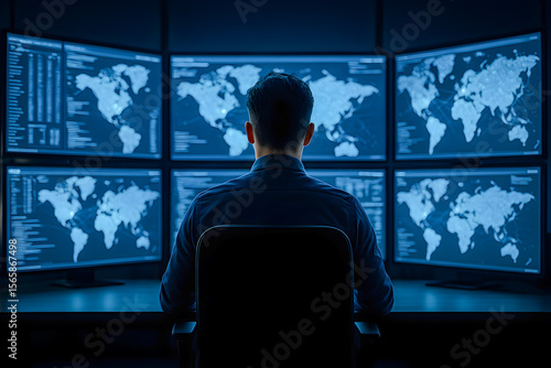 Cybersecurity Analyst in Control Room with World Maps on Screens