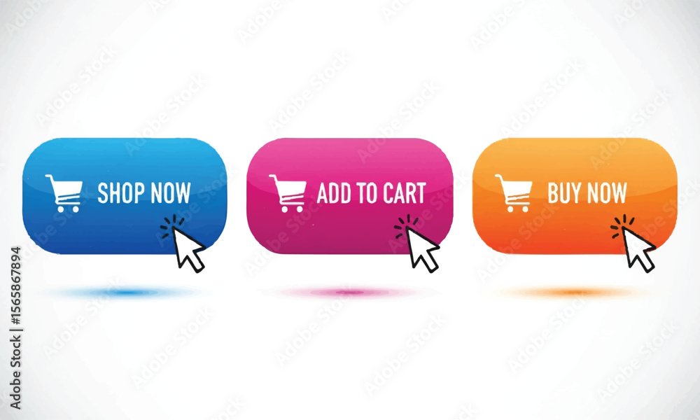Fototapeta premium Shop now, add to cart, buy now buttons with shopping cart icon on white background