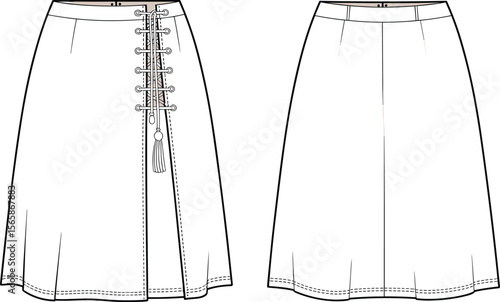 Lace up front skirt flat sketch, technical drawing, fashion garment design, front and back view, modern women's midi skirt style