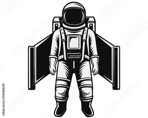 Stylized graphic of a lone astronaut in a classic suit rendered in bold black yellow cyan and magenta colors suitable for space exploration themes