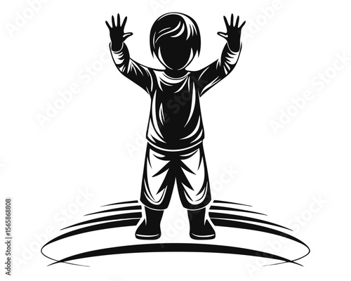 A stark black silhouette of a young child standing against a clean bright white background conveying innocence and simplicity in its design