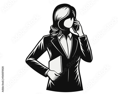 Professional woman in business attire actively engaged in a conversation while holding a mobile communication device presented as a clean graphic