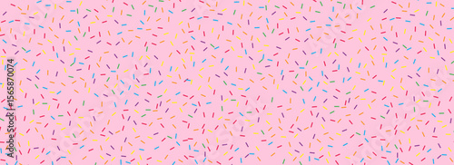 Colorful donut sprinkles seamless pattern. Strawberry candy cream background. Cake glaze icing overlay for decorative banner, poster, template. Cupcake or ice cream topping texture. Vector wallpaper