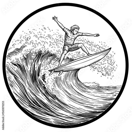Black-and-white line art of a surfer skillfully riding a large wave, captured inside a circular frame that highlights motion and energy.