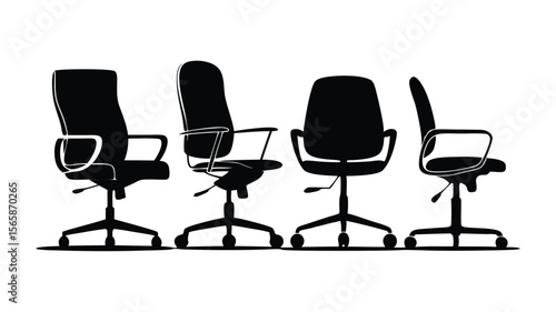 Black Silhouette of Four Office Chairs with Armrests and Casters on White Background