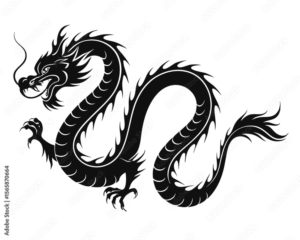 Fototapeta premium Majestic chinese dragon silhouette in classic black and vibrant colors ideal for cultural art and decorative projects