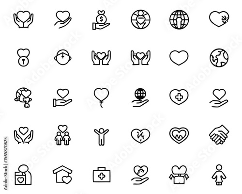 Comprehensive collection of minimalist line graphics representing charitable giving fundraising efforts and philanthropic activities suitable for various digital and print applications