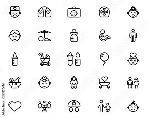 Comprehensive collection of specialized symbols representing newborn and young child care ideal for medical professionals focusing on infant health and neonatal services