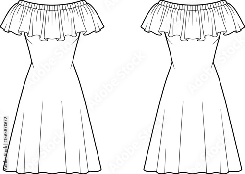 Off shoulder ruffle long dress flat sketch, fashion technical drawing, women summer gown, flowy silhouette, vector illustration, garment design, CAD