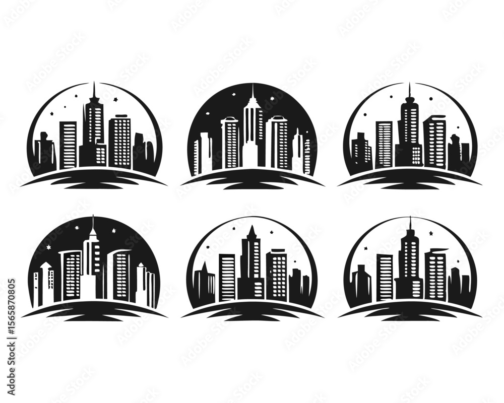 Fototapeta premium Urban cityscape collection featuring a diverse array of architectural silhouettes in striking black yellow cyan and magenta color palettes for creative projects