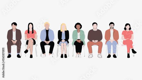 Diverse Group of Faceless People Sitting in a Row on White Chairs