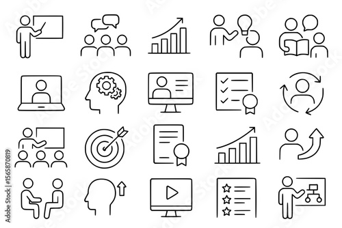 Business Training and Management Line Icons Set - Leadership, Presentation, Team Building Vector Symbols