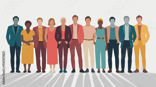 Diverse Group of Men and Women Standing Together in Colorful Business Casual Attire