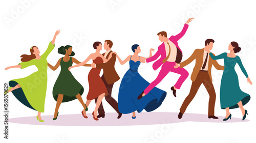 Diverse Group of Couples Dancing in Formal Attire, Featuring Dresses and Suits on White