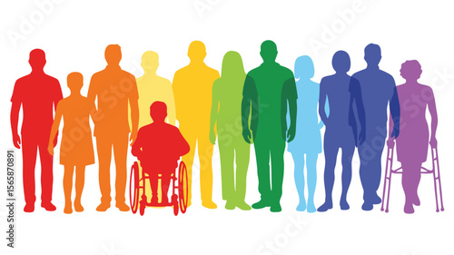 Diverse Group of People Silhouettes in Rainbow Colors, Including Wheelchair User and Walker