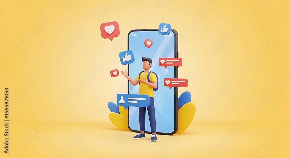 3D Illustration Young Man Engaging with Social Media Notifications on Smartphone 3D Illustration Young Man Engaging with Social Media Notifications on Smartphone
