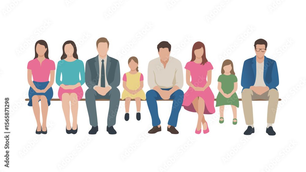Fototapeta premium Flat Illustration Two Families with Daughters Sitting on a Wooden Bench