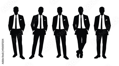 Five Men Silhouettes in Suits, Ties, and Pocket Squares Standing Elegantly