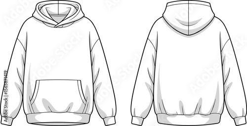 Oversized hoodie sweatshirt flat sketch, front and back technical drawing, fashion design, cad template, casual wear vector illustration