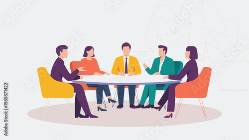 Illustrated Business Meeting with Five People Seated Around Table in Colorful Outfits