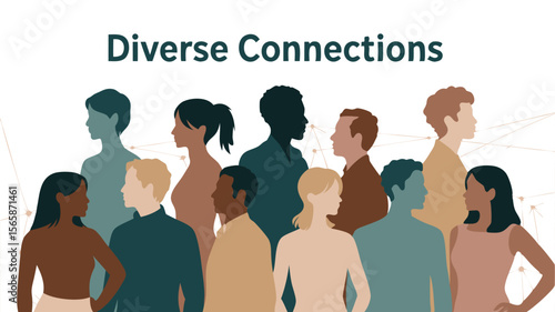 Illustrated Group of Diverse People Connected, Multicultural Community, Representing Inclusion and Social Connections