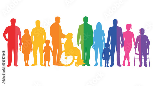 Rainbow Silhouettes of Diverse People Inclusion, Accessibility, Community, and Support Illustration on White
