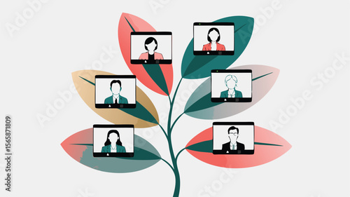 Video Conference Call Tree with Remote Team Members Displayed on Tablets Among Colorful Leaves