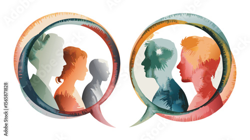 Watercolor Illustration of Two Groups Communicating in Speech Bubbles, Depicting Conversation and Understanding