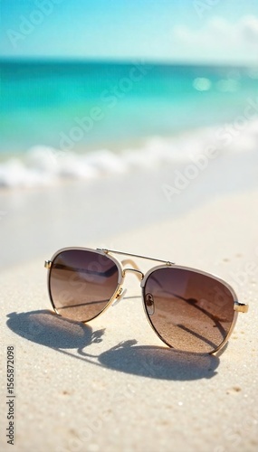 Wallpaper Mural Stylish Sunglasses Resting on White Sand Beach, Sunlit Ocean View, Summer Vacation Theme Torontodigital.ca