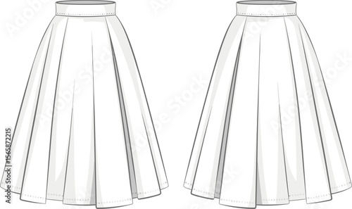 Pleated flared midi skirt flat sketch, front and back technical view, elegant women’s clothing design template, vector cad illustration