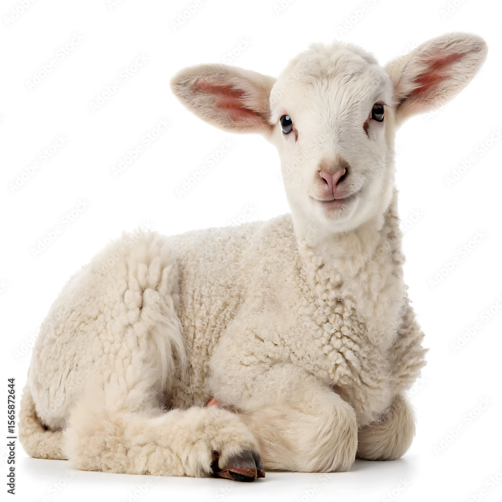 Fototapeta premium A fluffy white lamb lying down with its ears perked up on a plain white background in a studio shot