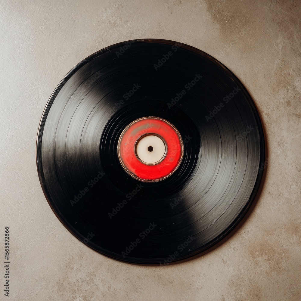 Obraz premium Classic vinyl record on a neutral surface, a timeless symbol of music and nostalgia.