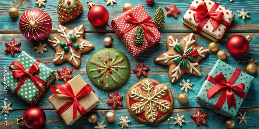 Naklejka premium Festive Holiday Treats and Gifts on Wooden Surface